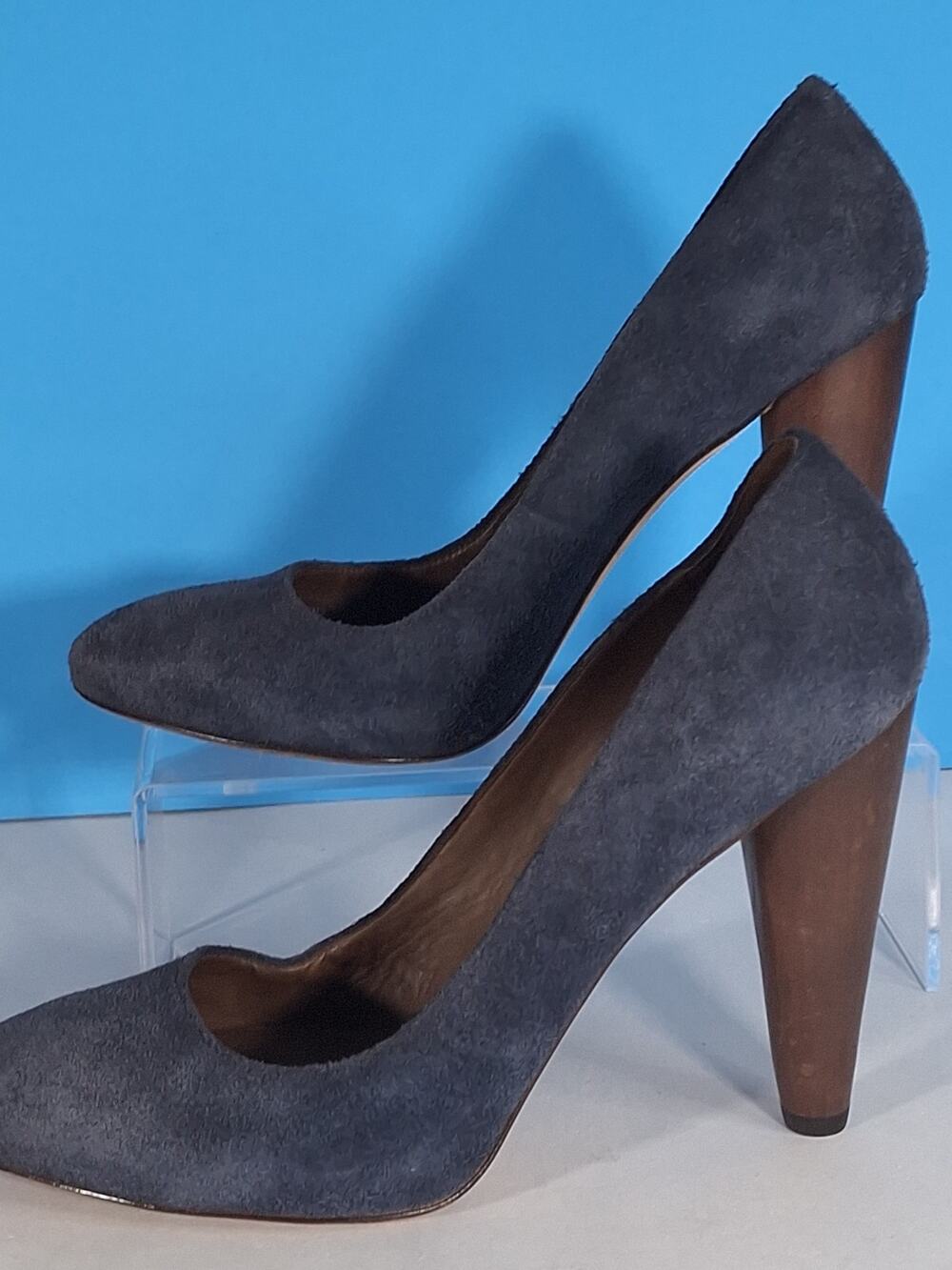Cole Haan Blue Suede Pumps Size 8B 4" Unique Wood Cone Heel Office Evening